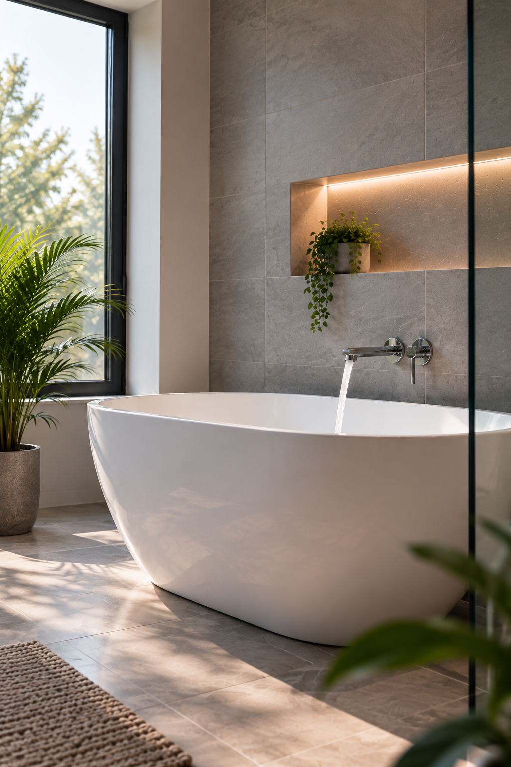 Modern freestanding bathtub with wall-mounted tap in a luxury bathroom