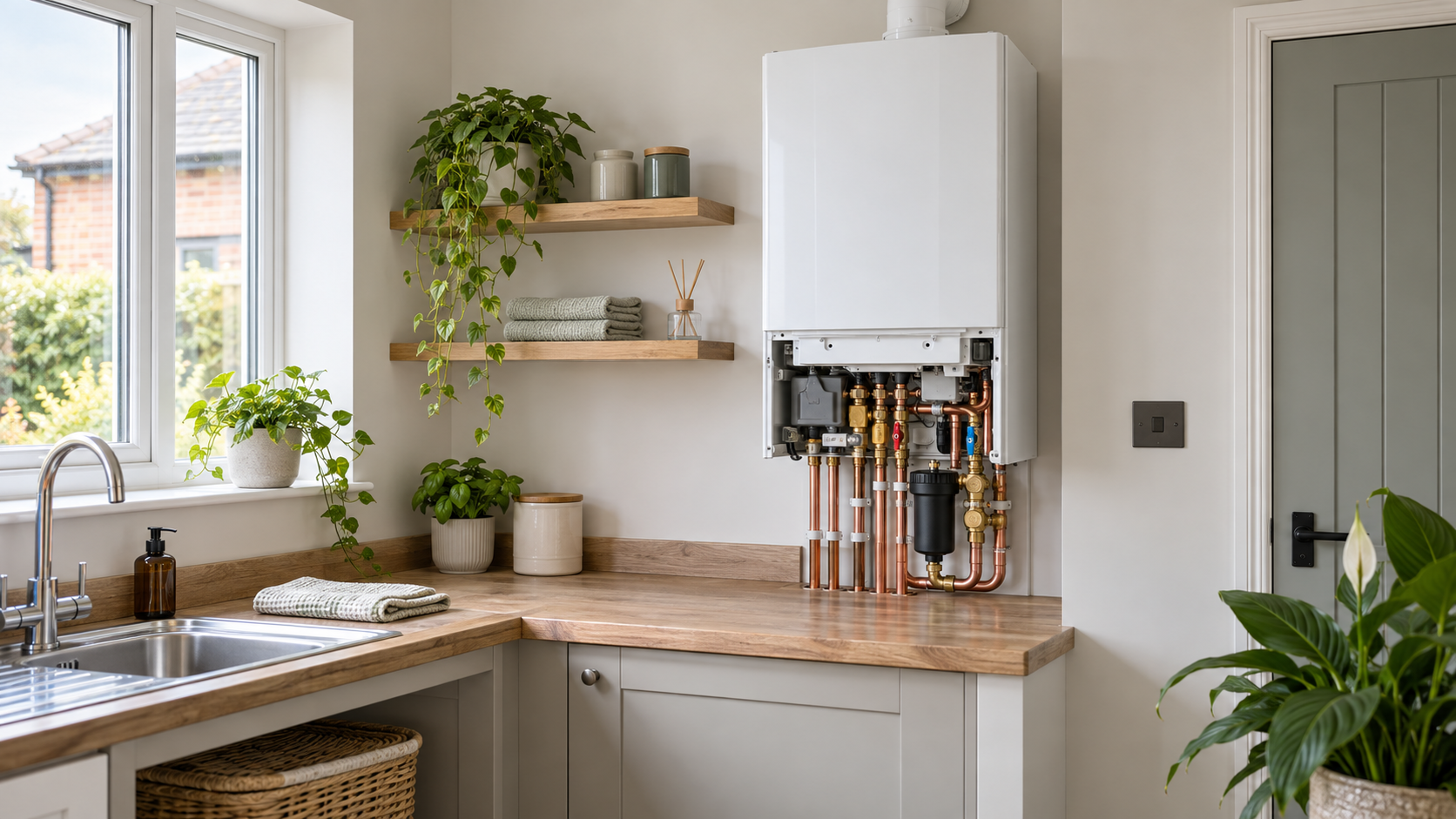 Wall-mounted boiler with copper pipework in a modern utility room